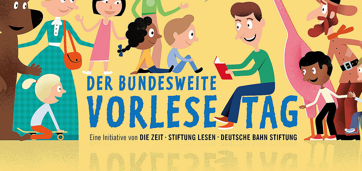 Grafik mit Vorleser und Menschen und Tiere um ihn rum