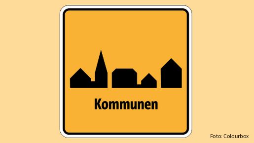 Grafik Kommmunen, symbolisiert Häuser auf gelben Hintergrund