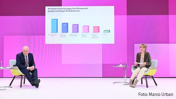 Moderner Staat - dbb Jahrestagung 2022 dbb Chef Ulrich Silberbach und Moderatorin Anke Plättner im Diskussionspanel "Moderner Staat"