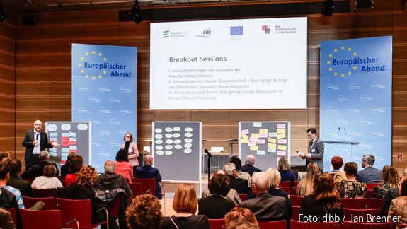 Europäischer Abend Auf der Bühne stellen die drei Leiterinnen und Leiter die Ergebnisse der Workshops vor