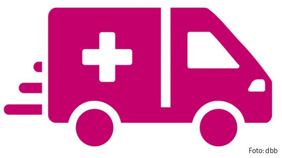 Rettungsdienst_Signet_CMYK Zu sehen ist ein Piktogramm, das einen Rettungswagen zeigt. Darunter der Schriftzug "Rettungsdienst".