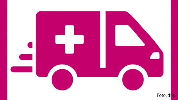 Rettungsdienst_Signet_CMYK Zu sehen ist ein Piktogramm, das einen Rettungswagen zeigt. Darunter der Schriftzug "Rettungsdienst".